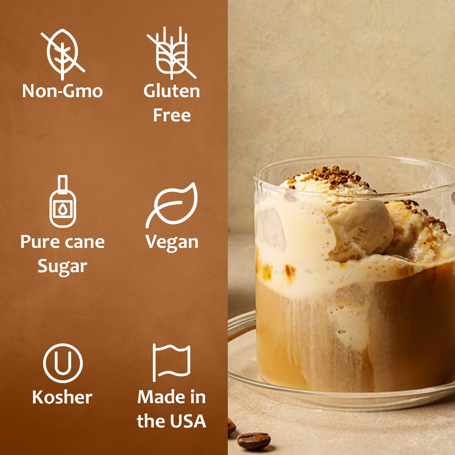 A glass of iced coffee with ice cream and a splash of Syruvia Irish Cream Coffee Syrup (Pure Cane Sugar) is shown beside a list: Non-GMO, Gluten-free, Vegan, Kosher, Made in the USA.