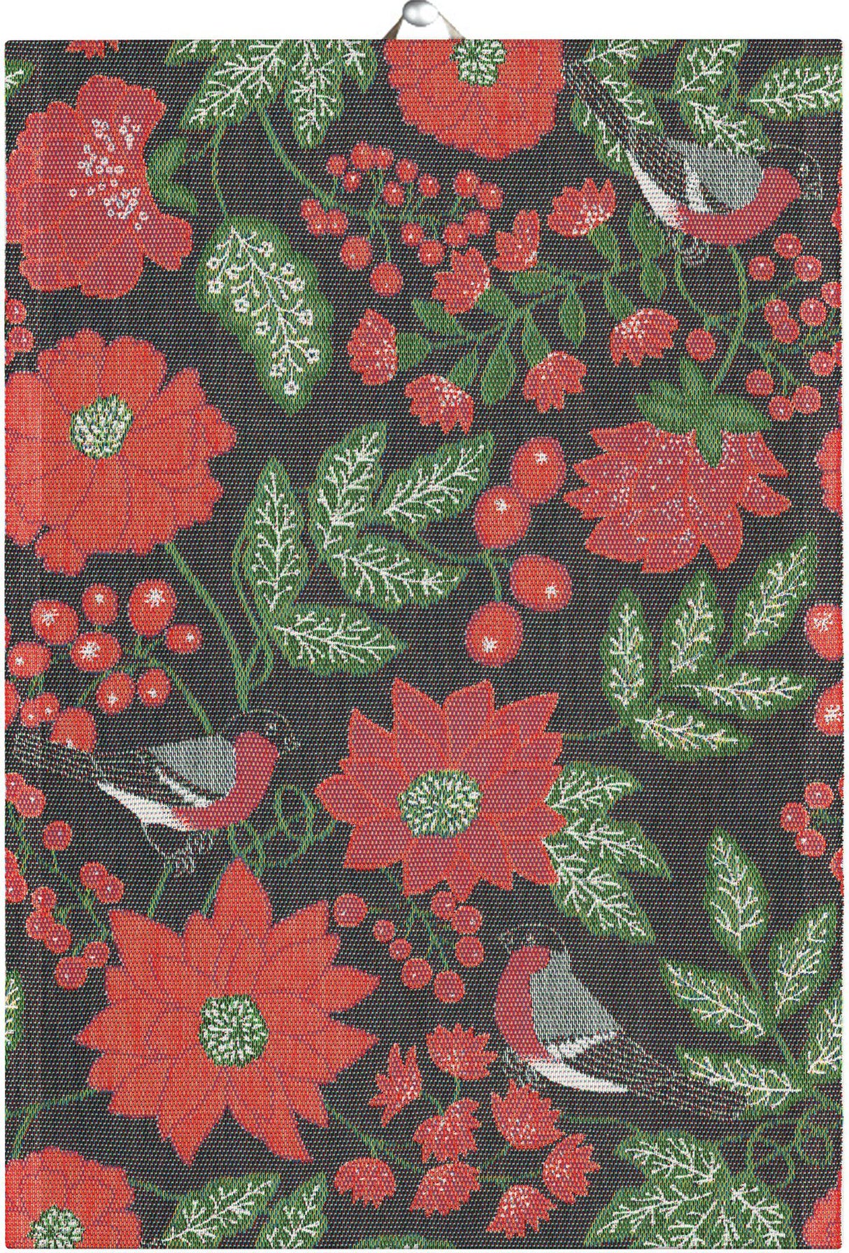 The "JULFÅGLAR" woven tea towel by Ekelund features red flowers, green leaves, berries, and birds on black organic cotton—ideal for Scandinavian kitchen decor.