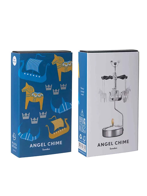 Two boxes of Angel Chimes made in Sweden: one featuring a blue and yellow design with Swedish symbols, and the other highlighting the Sweden Rotary Candle Holder Silver with its candle base.