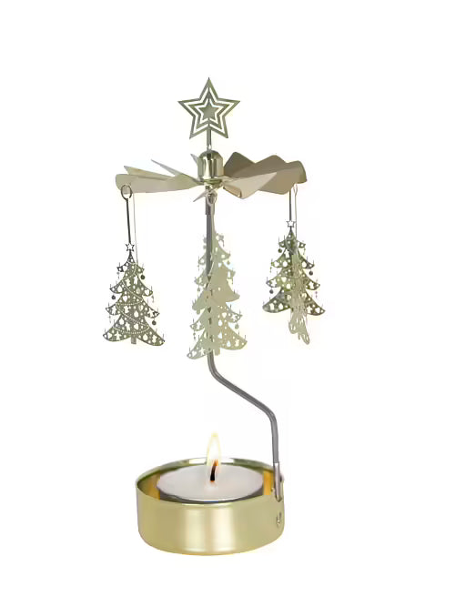 The Candle Holder: Pluto Design Angel Chime Gold Christmas Tree is a gold metal rotary carousel; with a lit candle, its hanging Christmas trees spin beneath a star topper, creating a magical angel chime effect.