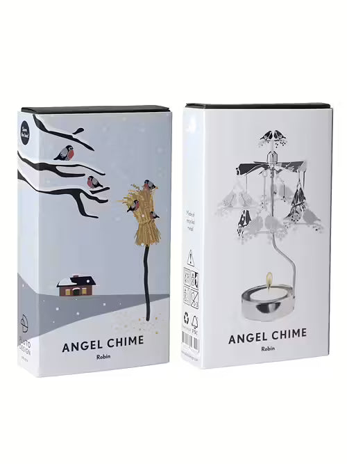 Two boxes of Pluto Design Angel Chime Robin Rotary Candle Holders in silver: one with a winter scene illustration, the other showing the assembled holder with a lit candle—an elegant addition to Scandinavian decor.