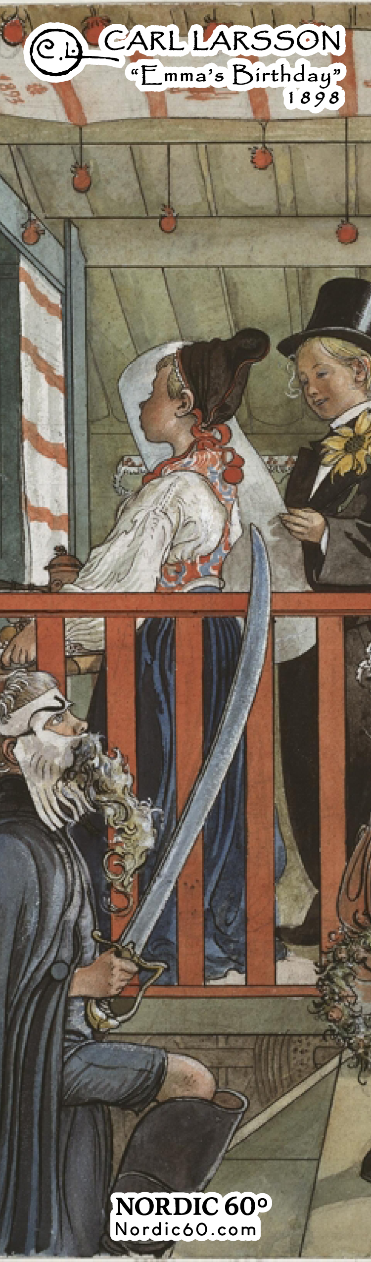 The Bookmark: Carl Larsson “Emma’s Birthday” (8.5" × 2.5") features festive people on a striped porch, with a masked figure holding a sword—a charming Swedish art gift for any Scandinavian enthusiast.