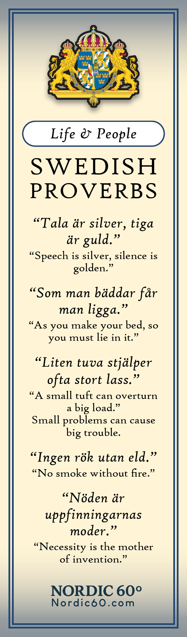 Bookmark: Swedish Proverbs “Life & People” (2.5" × 8.5”) displays Scandinavian wisdom through Swedish proverbs with English translations, under the heading Life & People, plus a Nordic00.com citation—ideal for daily inspiration.