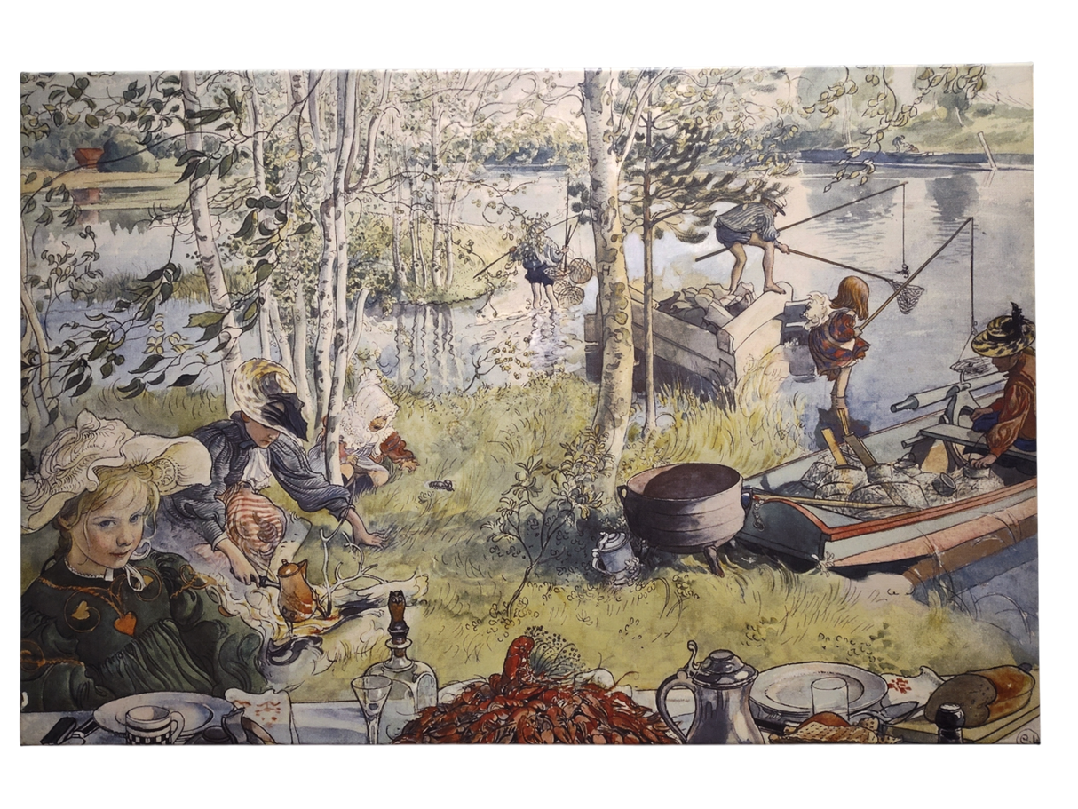 Children enjoy lakeside fun—fishing, playing, and feasting on crayfish by the water and trees. Capture this timeless scene with "The Crayfish Season Opens Carl Larsson 1897 Print on Canvas," perfect wall art for celebrating Crayfish Season.