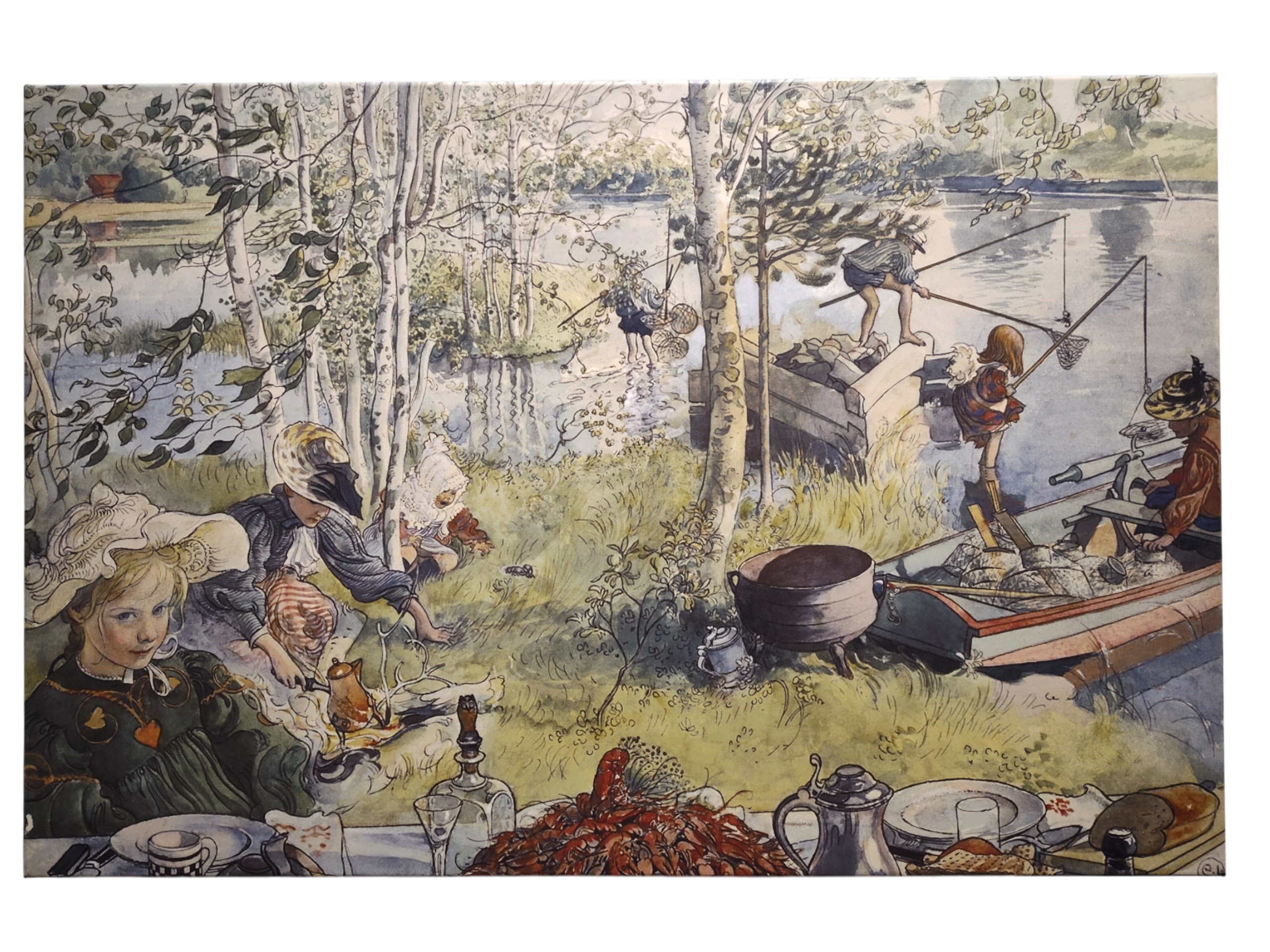 Children enjoy lakeside fun—fishing, playing, and feasting on crayfish by the water and trees. Capture this timeless scene with "The Crayfish Season Opens Carl Larsson 1897 Print on Canvas," perfect wall art for celebrating Crayfish Season.