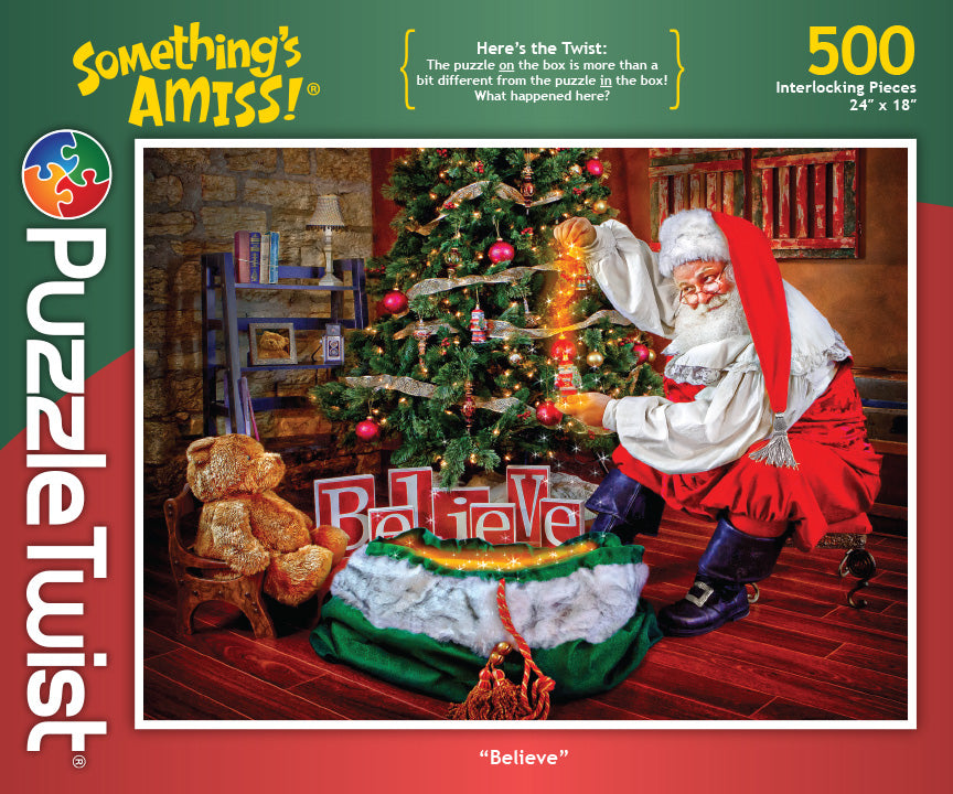 Santa Claus decorates a tree with orange lights by a Believe sign in this cozy, festive 500-piece jigsaw: PuzzleTwist: Believe by artist Marnie Matz, featuring presents and holiday décor in a warmly lit room.