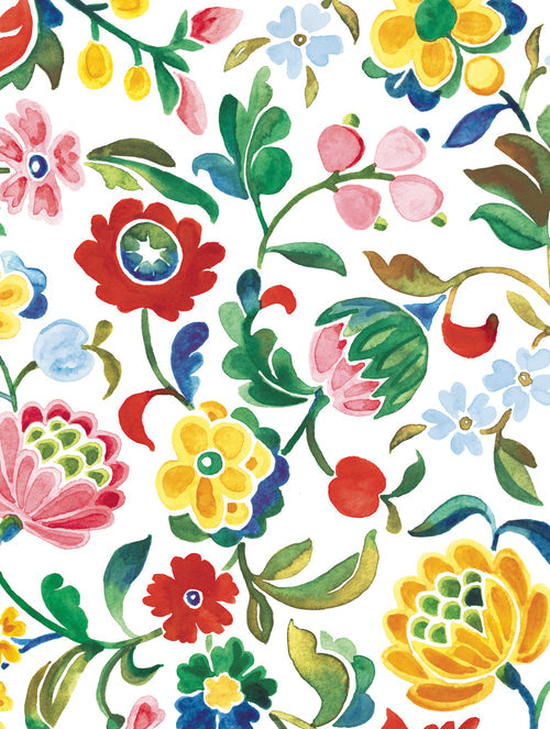 Experience the vibrant charm of Skandisk’s Card Pack: Blomma Notecards by Kirsten Sevig, featuring four unique designs of colorful watercolor florals in red, yellow, pink, and blue with lush green leaves on crisp white. The dense and lively patterns bring a cheerful Scandinavian touch to each notecard—perfect for brightening someone’s day. This set includes 8 cards (2 each of 4 designs), 8 envelopes, and a handy card folder, all crafted with recycled paper for an eco-friendly choice in stationery.