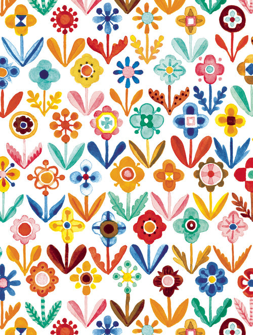 Experience the vibrant charm of Scandinavian design with the Card Pack: Blomma Notecards by Kirsten Sevig from Skandisk—this set features four unique, hand-painted floral designs showcasing stylized flowers and leaves in vivid red, blue, yellow, orange, and green on a crisp white background. Each pack includes 8 notecards crafted from recycled paper, 8 envelopes, and a coordinating card folder—perfect for brightening up your stationery collection.