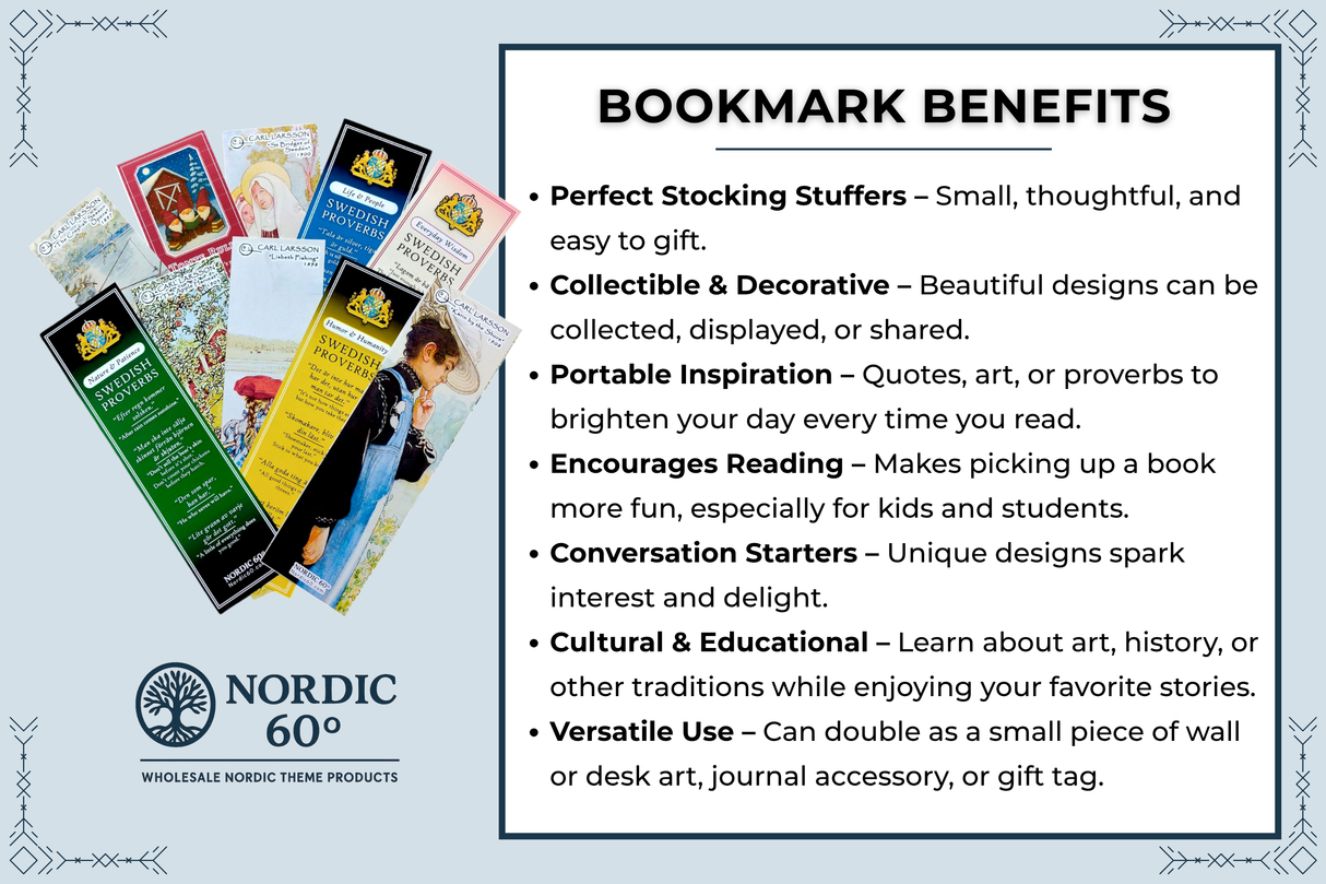 A display of six Carl Larsson “Karin by the Shore” bookmarks (8.5" × 2.5") inspired by Scandinavian art and Swedish countryside, with Nordic 60° branding and a feature list: gift potential, collectibility, inspiration, education, versatility.