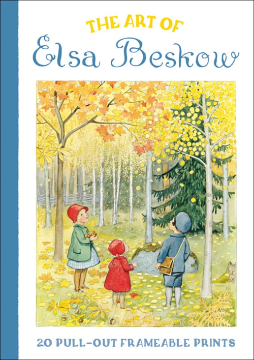 The cover of the Book: Art of Elsa Beskow 20 - Pull-Out Frameable Prints beautifully showcases vintage illustrations, featuring three children in a forest decorated with autumn leaves. This enchanting scene perfectly captures the whimsical essence of Elsa Beskow's prints, making it ideal for those looking to add frameable prints to their collection.
