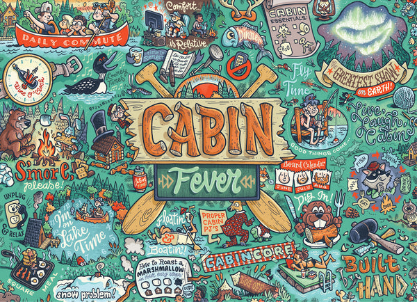 Vibrant illustrated collage titled PuzzleTwist: Cabin Fever by Kevin Cannon (1000 pieces, Somethings Amiss!) features bold lettering and Scandinavian-style images of nature, animals, and camping gear in a playful outdoor scene.