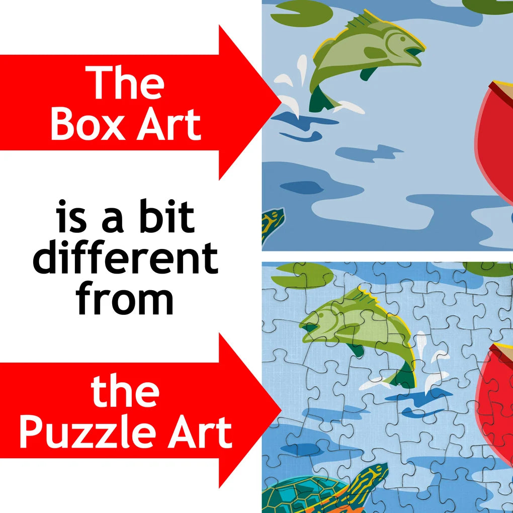 Side-by-side image of a puzzle box and completed puzzle, showing different fish designs; red arrows point out the differences between the fish on each.