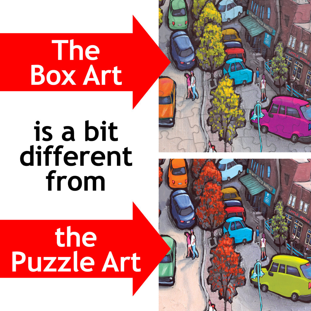 The PuzzleTwist: Canal Park - Duluth (1,000 Pieces) jigsaw puzzle captures a delightful street scene, encouraging you to identify differences between the box art and the puzzle itself, such as changes in tree colors and car positions. It's like taking a leisurely walk through Duluth Canal Park on a sunny afternoon.