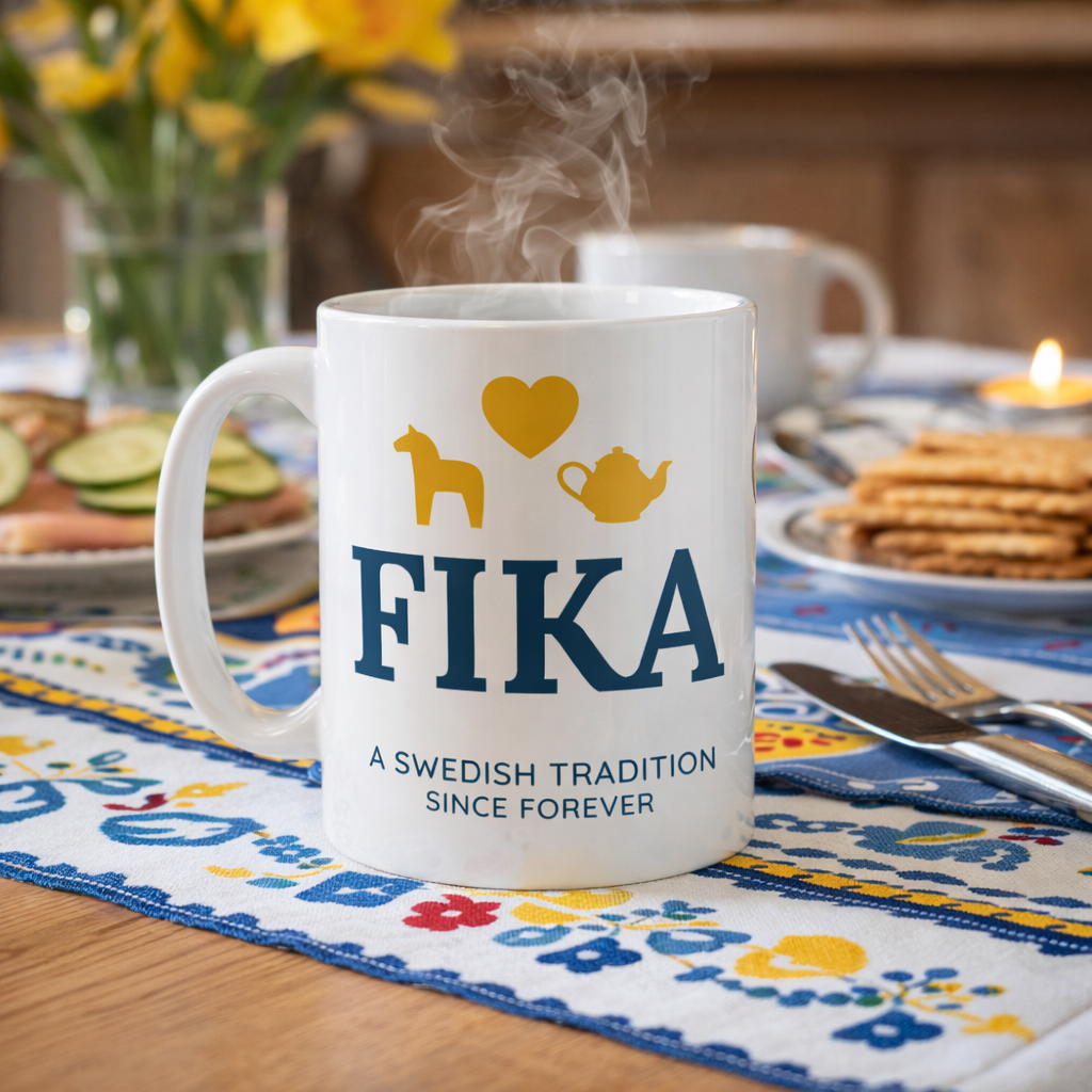 The Coffee Mug: Fika A Swedish Tradition 11oz Mug, featuring blue and yellow designs and the phrase "FIKA: A Swedish Tradition Since Forever," rests on a patterned tablecloth with snacks and dishes in the background.