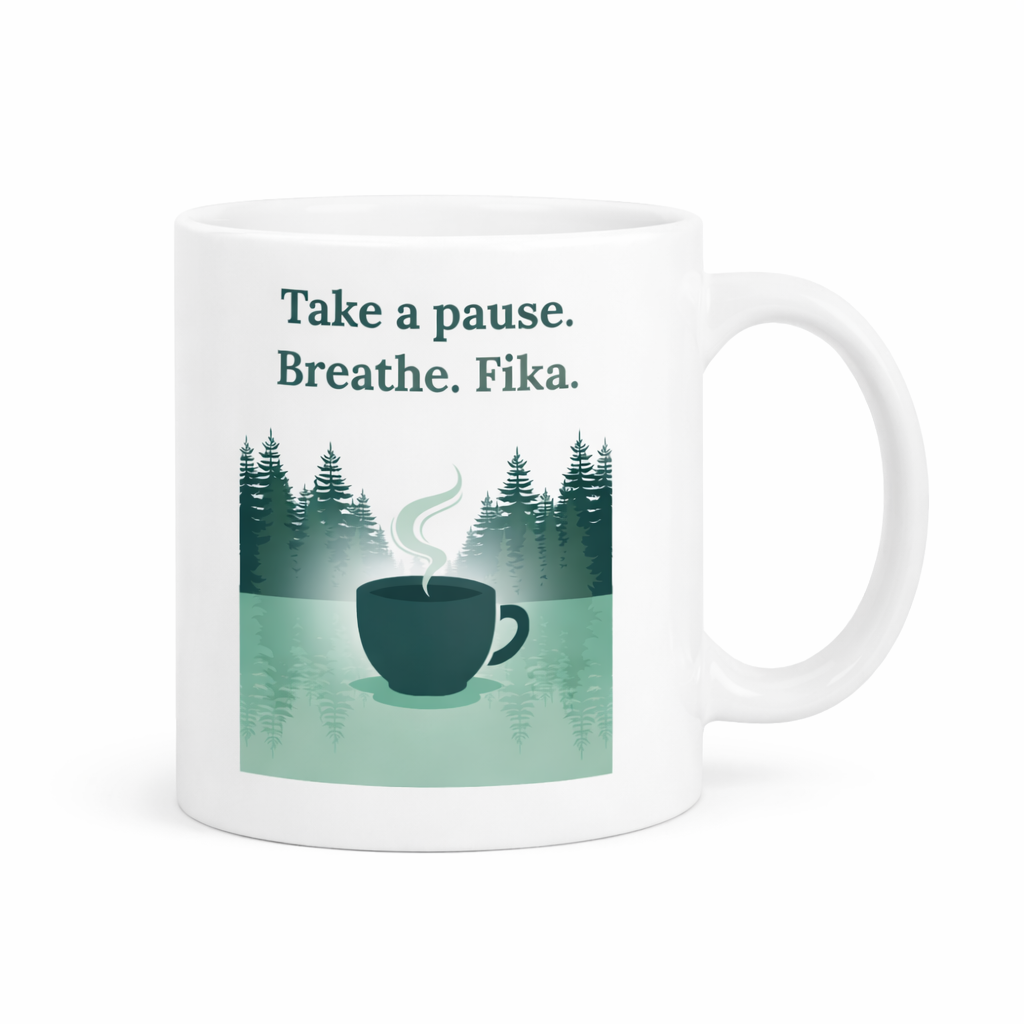 The "Take a pause. Breathe. Fika." Coffee Mug (11oz) features a steaming cup among pine trees—an ideal mindful gift for Scandinavian design and coffee lovers.