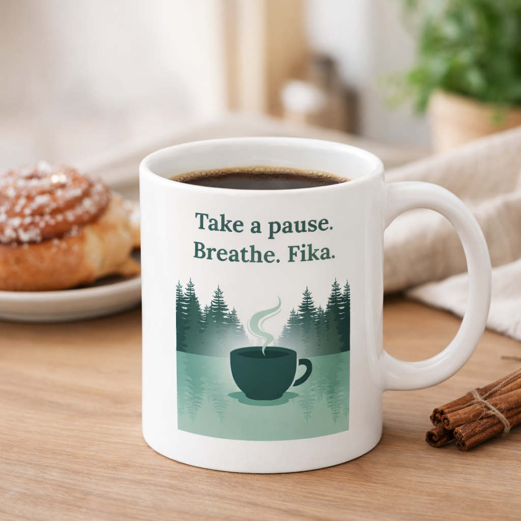 The Coffee Mug: Take a pause. Breathe. Fika. Coffee Mug (11oz) features the words "Take a pause. Breathe. Fika." above a steaming cup and trees—an ideal mindful gift for relaxing moments with your favorite drink.