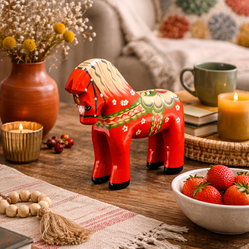 The Dala Horse: Färnäshästen Red – Hand-Carved Swedish Dala Horse by Nils Olsson (14 cm) sits on a wooden table among candles, strawberries, books, and dried flowers, bringing Scandinavian charm to the cozy living room.