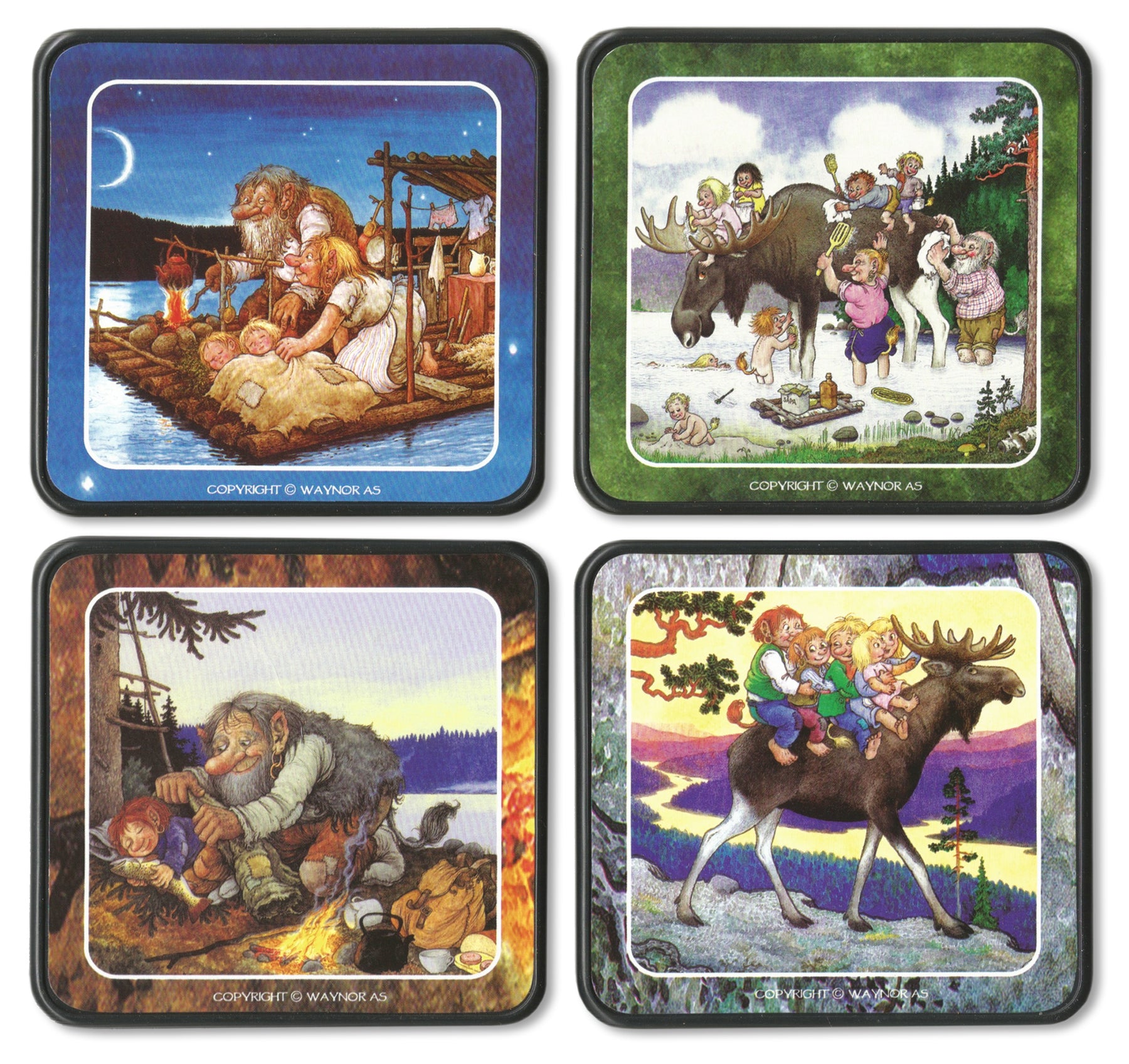 The Rolf Lidberg Collection Coasters (4-Pack) feature four playful Nordic scenes with trolls, children, and animals—perfect as a Scandinavian gift or to enjoy in your home.