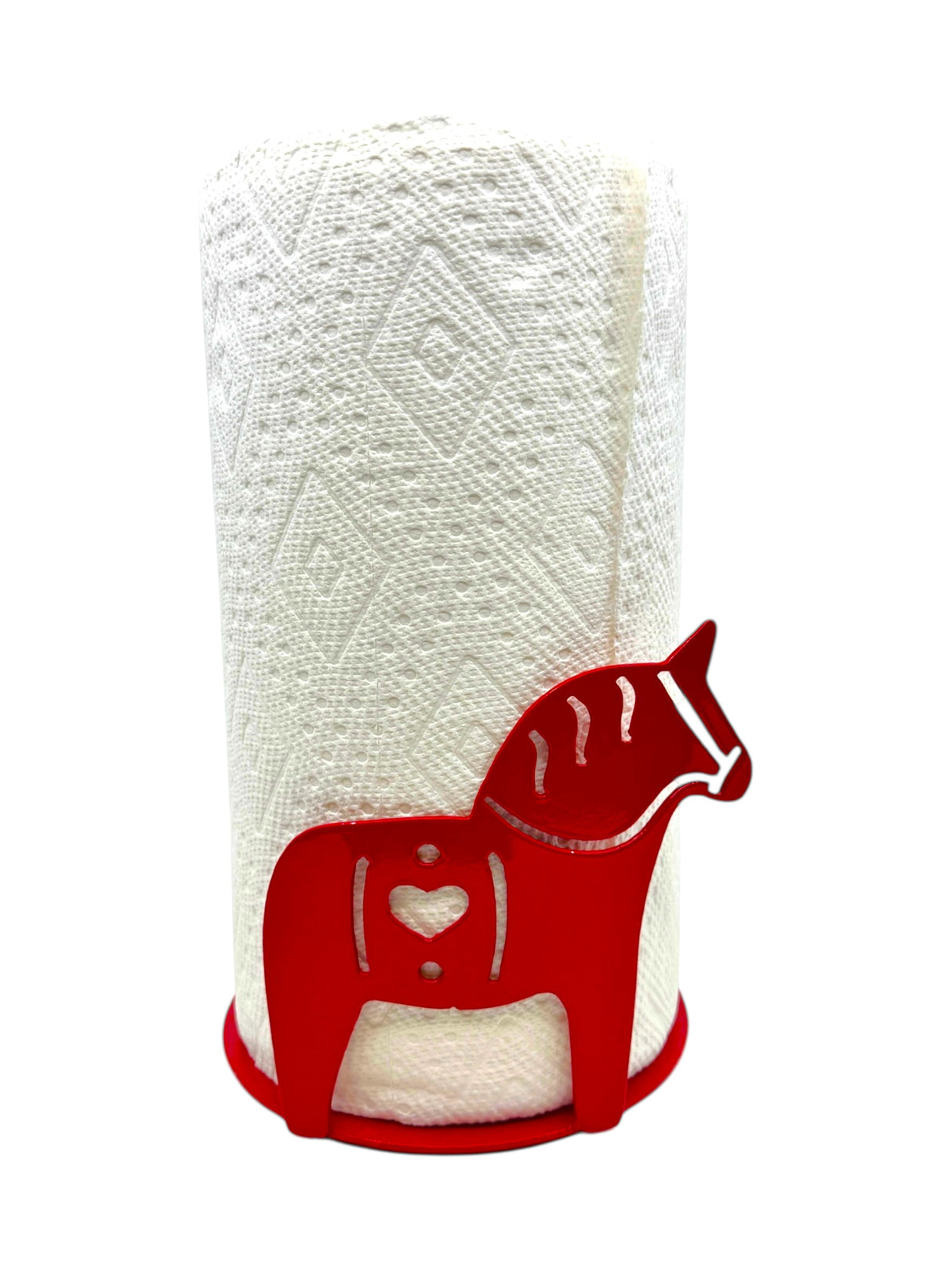 The Red Dala Horse Paper Towel Holder is handcrafted from laser-cut metal and features a charming heart cutout, making it a delightful Scandinavian-inspired accent for your kitchen.