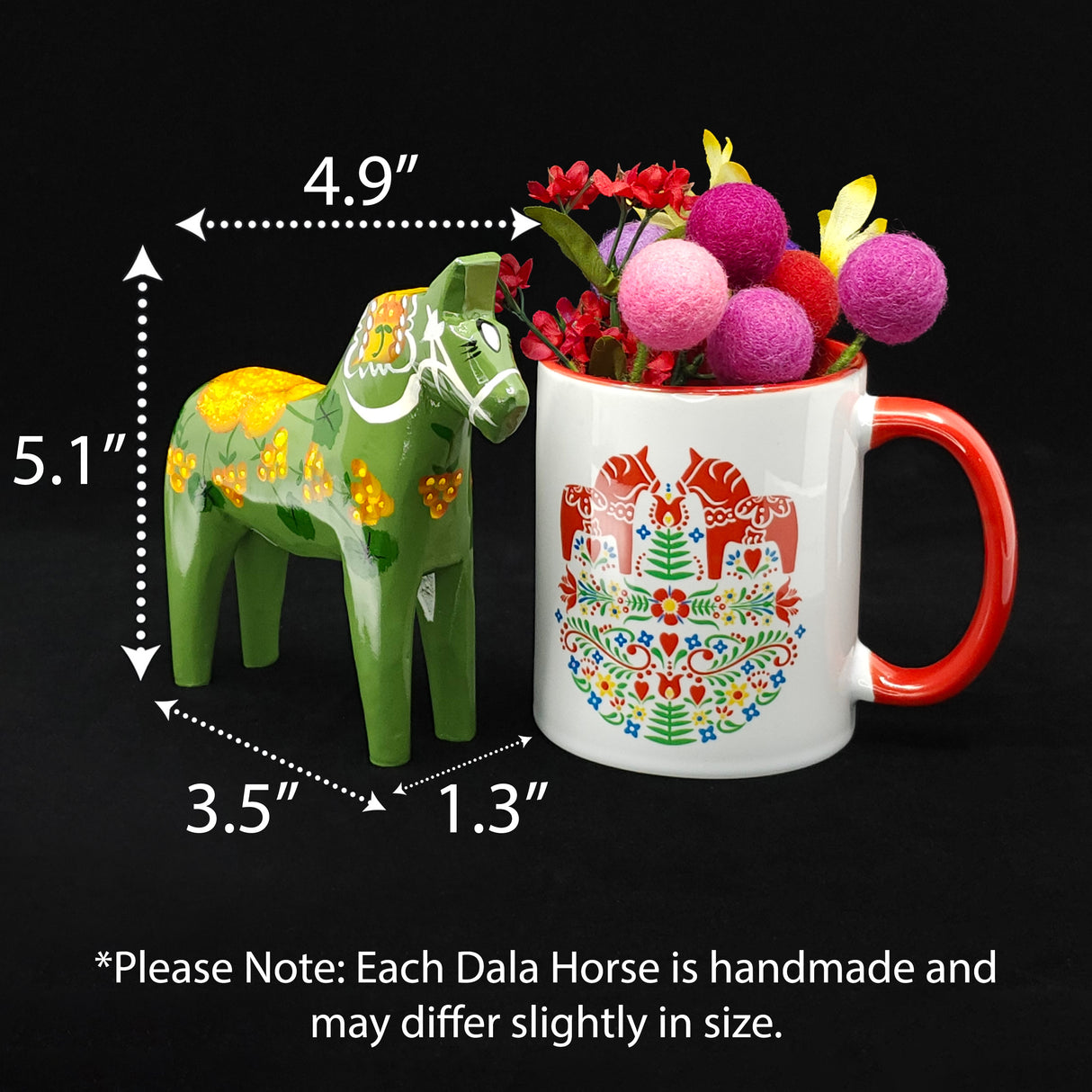 A hand-painted Dala Horse: Salenhasten 13cm (5" tall) with floral motifs stands beside a decorative mug of faux flowers, illustrating Swedish artistry. Arrows and text indicate the dimensions of the horse and mug.