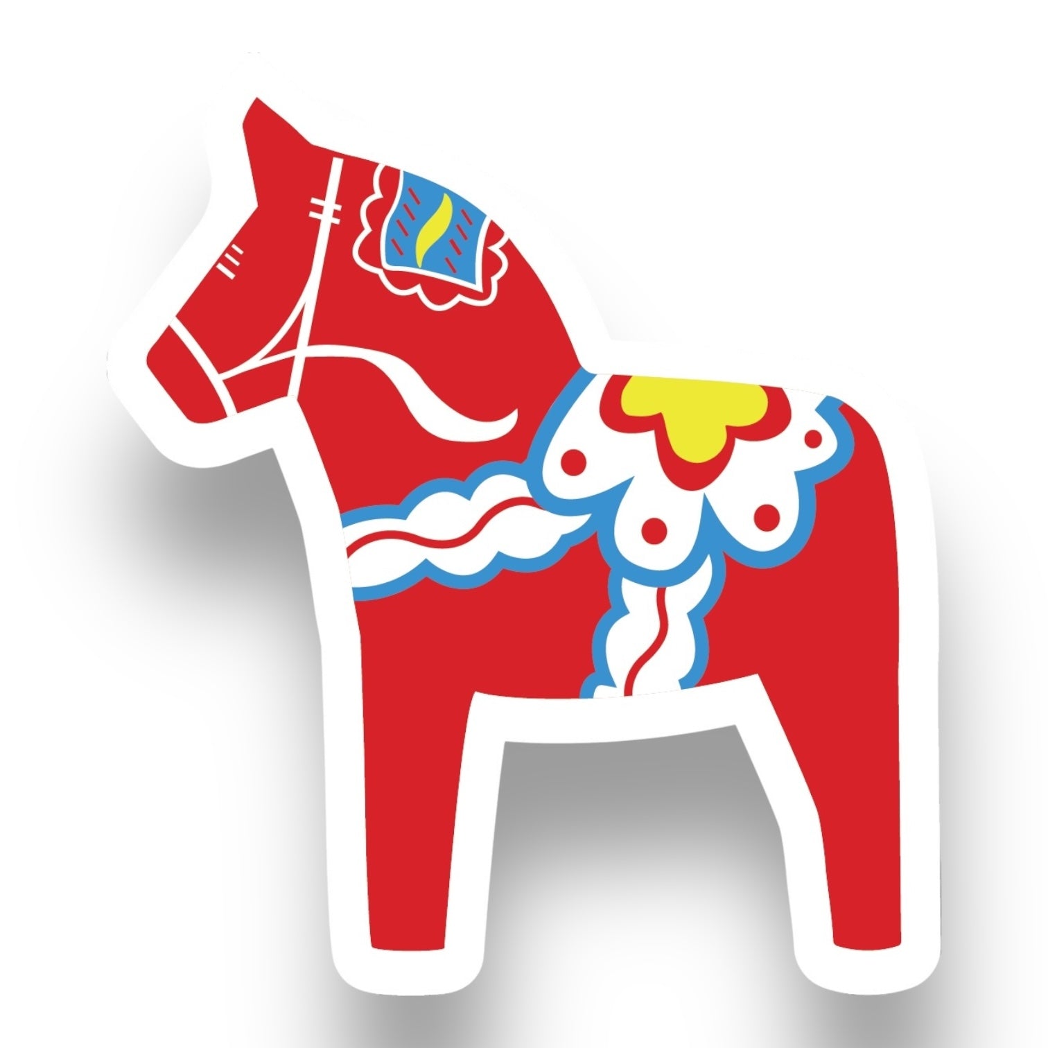 The Nordic Sticker: Swedish Dala Horse (2.5 x 4 inches) features a red horse with floral and swirl patterns, showcasing Scandinavian design. Available in red, blue, or yellow, its glossy, UV and water-resistant, dishwasher safe, with an easy peel option. Buy 3 Get 1 Free offer.