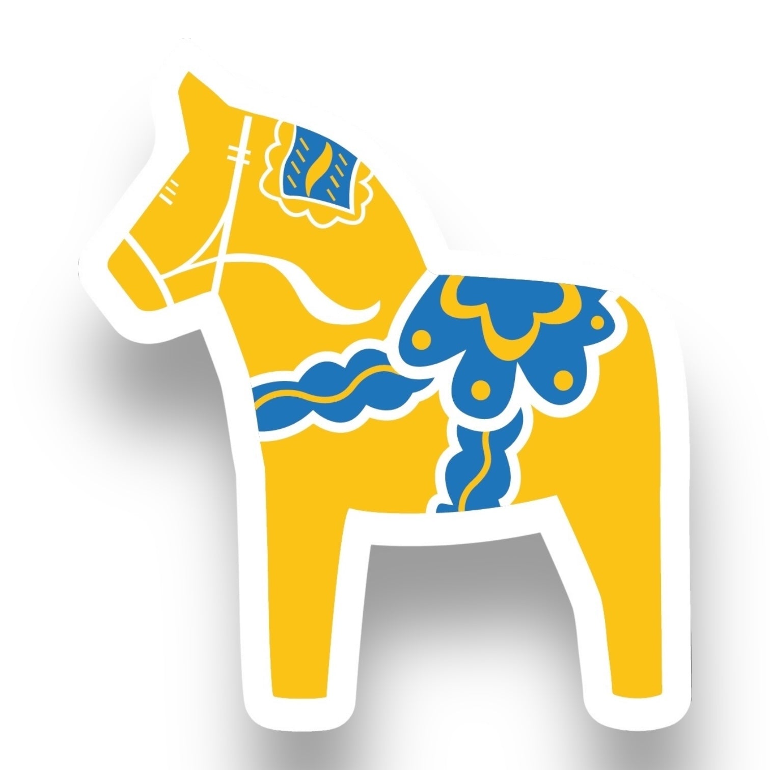 A stylized yellow Swedish Dala Horse sticker, featuring blue and white patterns reminiscent of Scandinavian artistry, is set on a plain white background. Part of our Nordic Sticker collection, it measures 2.5 x 4 inches and is glossy, UV & water-resistant, dishwasher safe, and easy to peel.