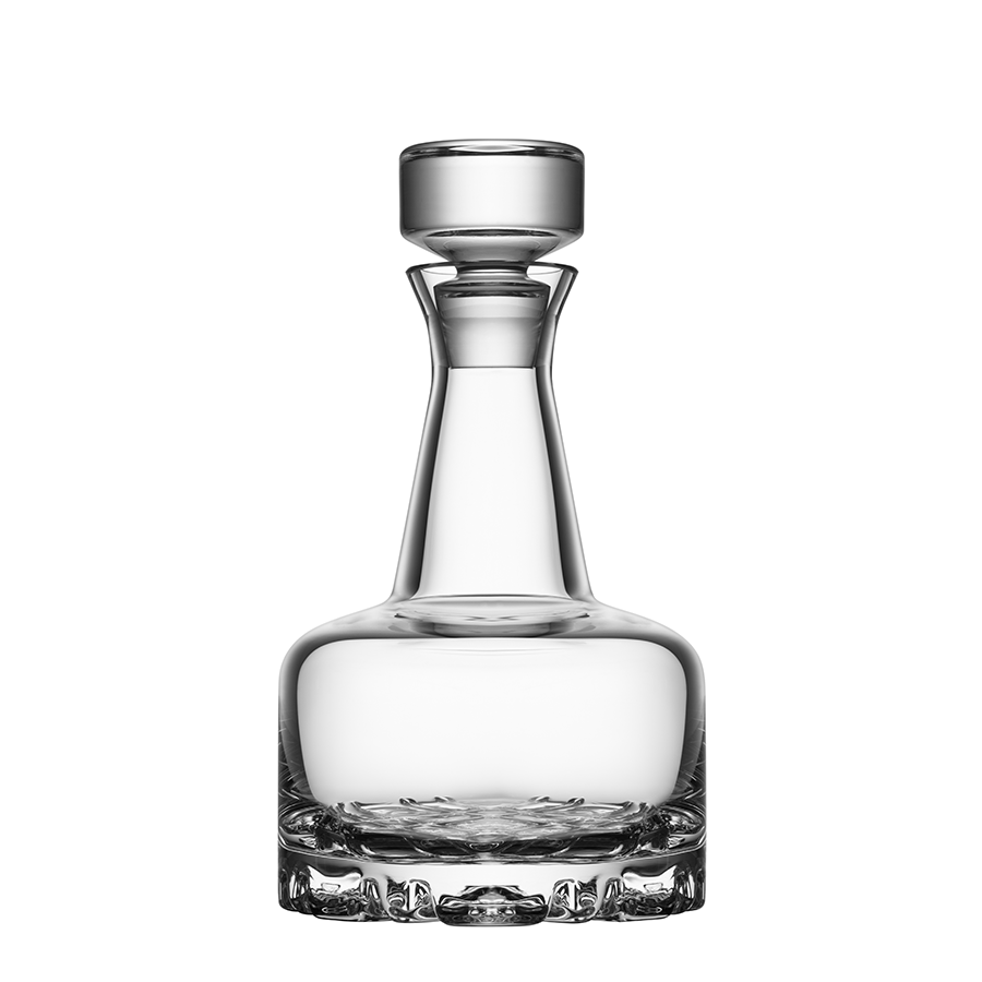 The Orrefors Erik 3-Piece Set features a 26oz decanter with a wide base, narrow neck, and round stopper plus two 12oz glasses, all photographed against a white background to showcase its timeless Scandinavian design.