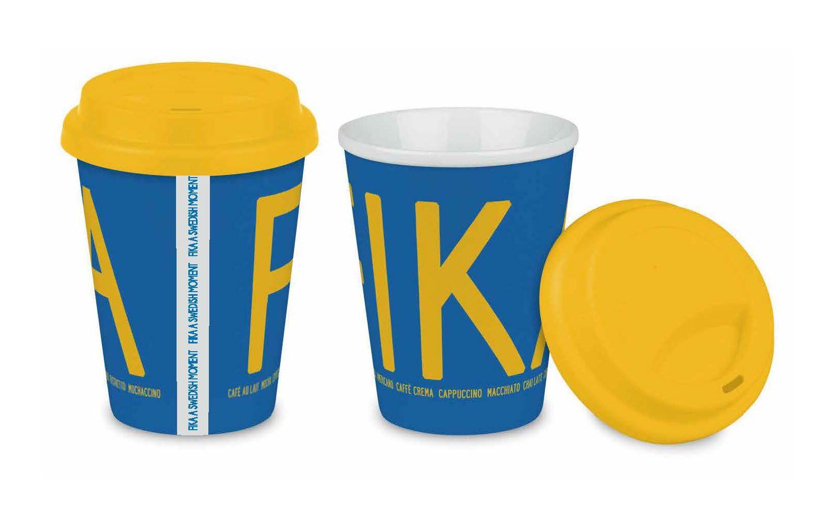 Two blue "Fika" To-Go mugs—one with a yellow lid, one without—feature large yellow FIKA text, a white vertical stripe with smaller text, and are ideal Swedish souvenirs for enjoying coffee on the go.
