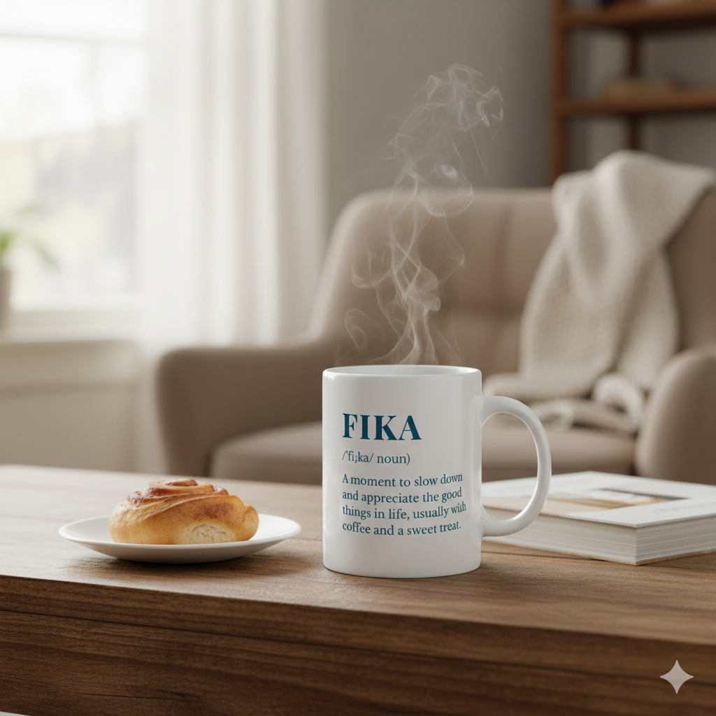 The Fika Definition Coffee Mug (11oz) sits on a wooden table beside a pastry, cozy living room and armchair in the background—an ideal mindfulness gift for coffee lovers.