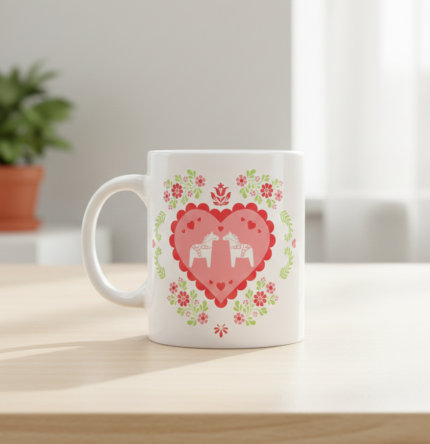 The Dala Sweetheart Coffee Mug (11oz) features a white Scandinavian design with a red heart, two llamas, and pink, green, and red floral patterns. It’s shown on a wooden table with a blurred potted plant in the background.