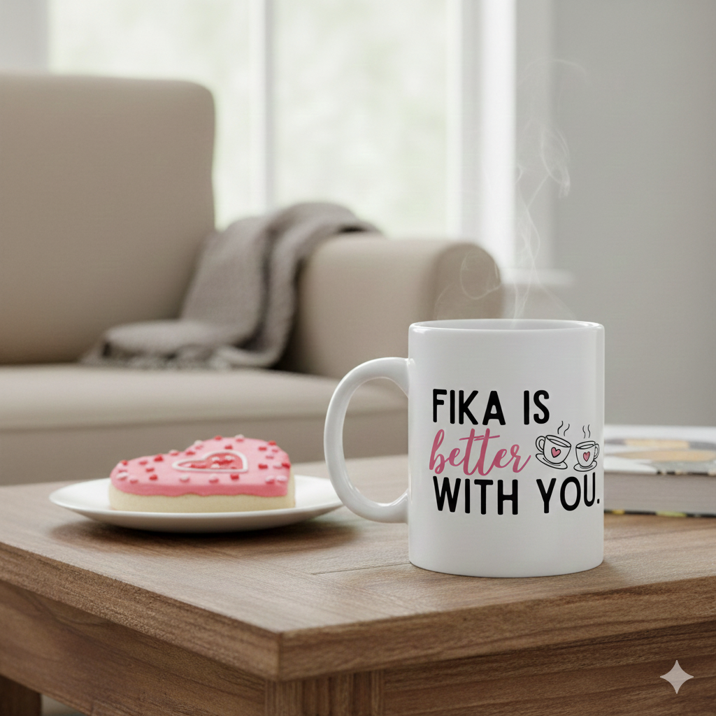The 11oz "Fika is Better With You" Coffee Mug rests on a wooden table beside a heart-shaped cookie and books—an ideal Valentine’s Day gift or mug for someone special, with a cozy beige chair in the background.