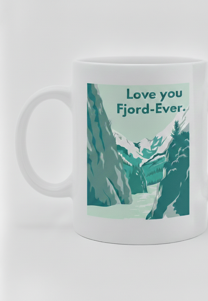 The Coffee Mug: Love you Fjord-Ever Coffee Mug (11oz) features a white ceramic design with mountains, a river, and trees plus "Love you Fjord-Ever" text—perfect for nature lovers.