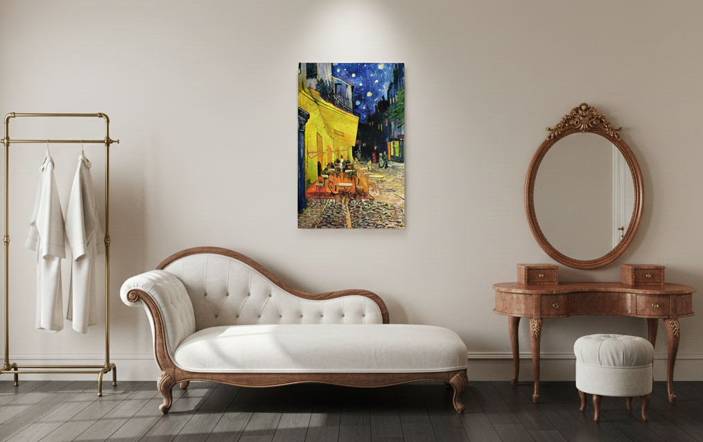 A vintage-style room features a white chaise lounge, vanity set, clothing rack, and artistic charm from the "Café Terrace at Night Vincent Van Gogh 1853 - 1890 Print on Canvas" wall-mounted artwork.
