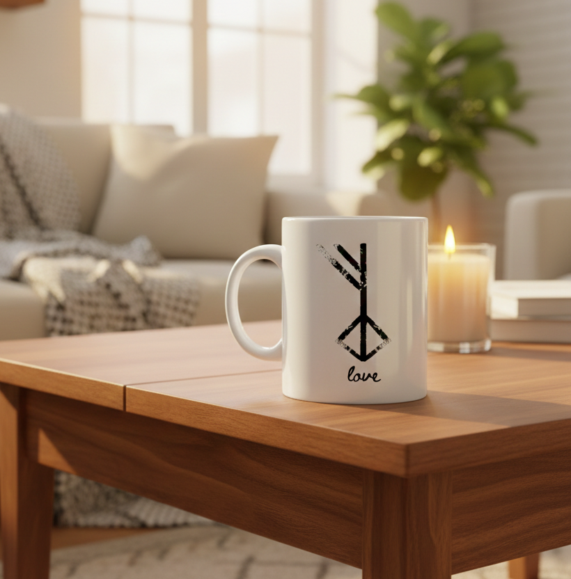 The Coffee Mug: Nordic Rune Ást Coffee Mug (11oz) with a black rune symbol and "Ást" sits on a wooden coffee table beside a glowing candle in a cozy living room.