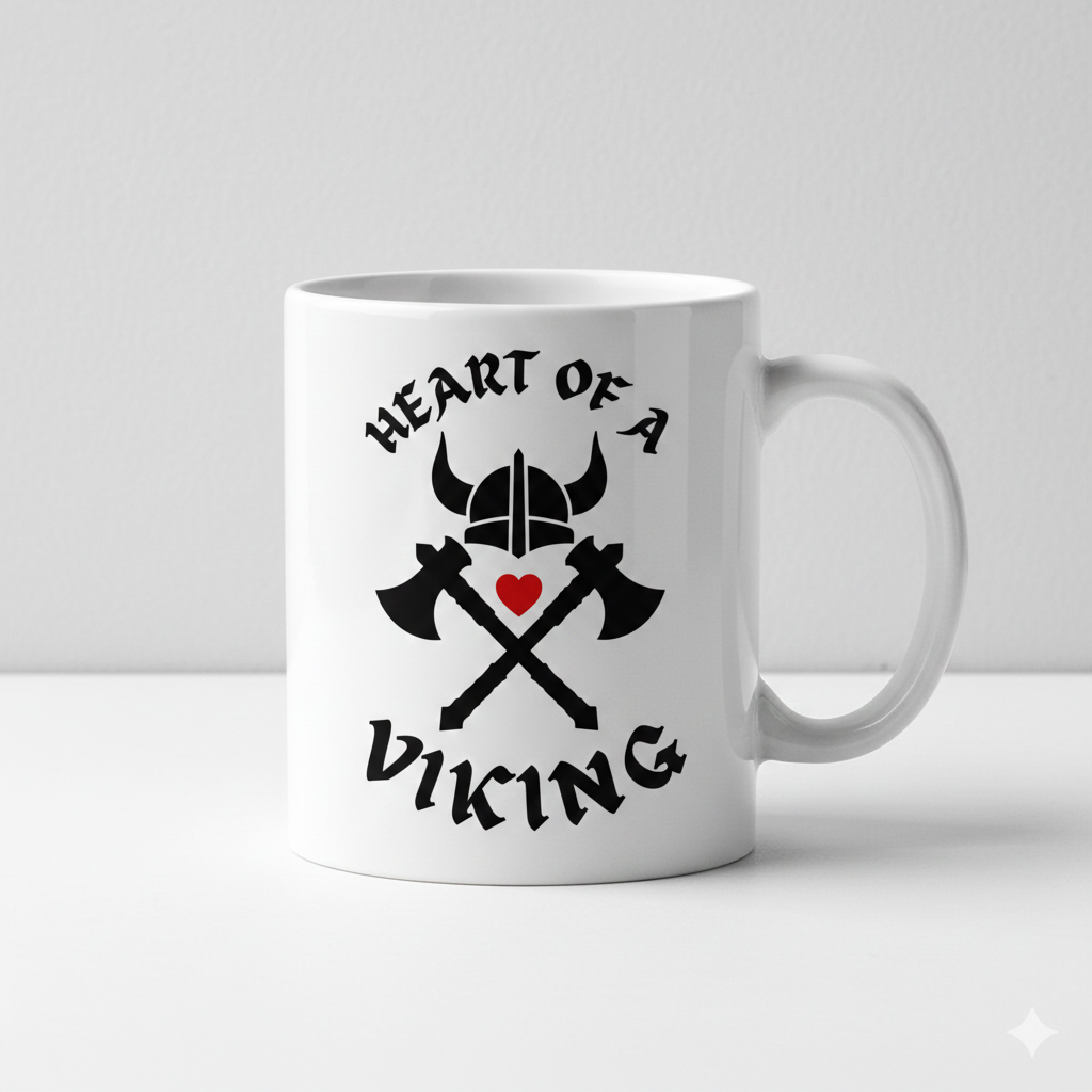 The 11oz "Heart of a Viking" coffee mug features bold black text, a Viking helmet, crossed axes, and a red heart—perfect for your morning brew or as a unique Nordic-inspired gift.