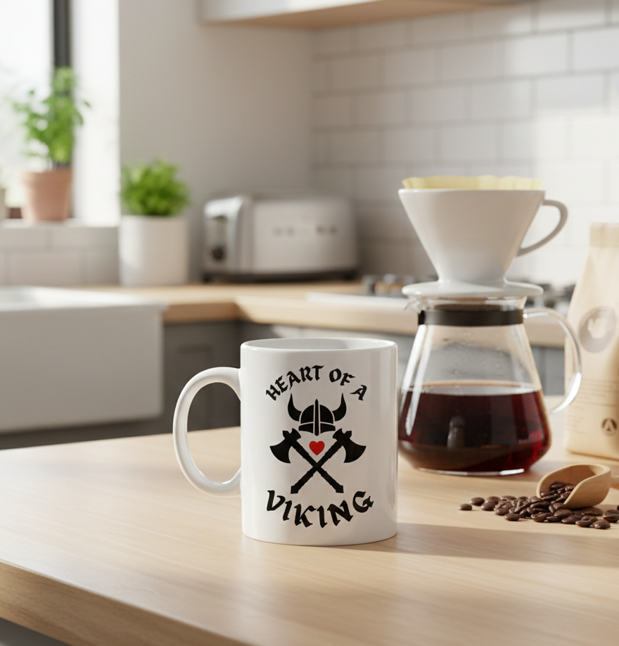 The Heart of a Viking Coffee Mug (11oz) sits on a kitchen counter beside a pour-over coffee maker and scattered coffee beans—perfect as a unique gift for any Viking fan.