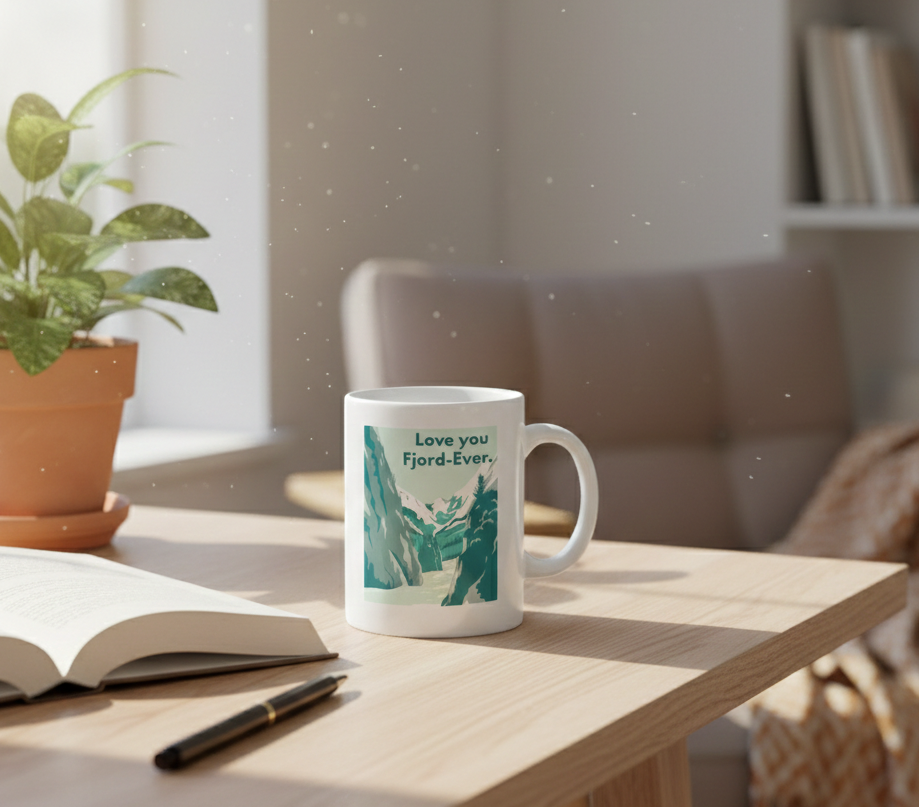 The 11oz Love you Fjord-Ever Coffee Mug, featuring a charming landscape design and “Love you Fjord-Ever” text, rests on a wooden table beside an open book and potted plant in a bright, sunlit room—perfect for cozy mornings.