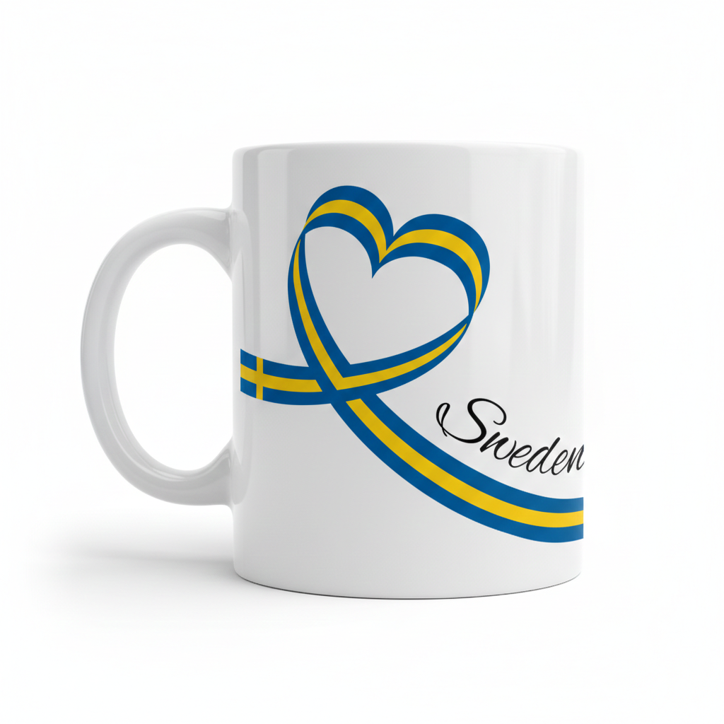The Coffee Mug: Love for Sweden Coffee Mug (11oz) features a white ceramic build with a blue and yellow heart-shaped Swedish flag design and "Sweden" in cursive—a charming Scandinavian gift for coffee lovers.