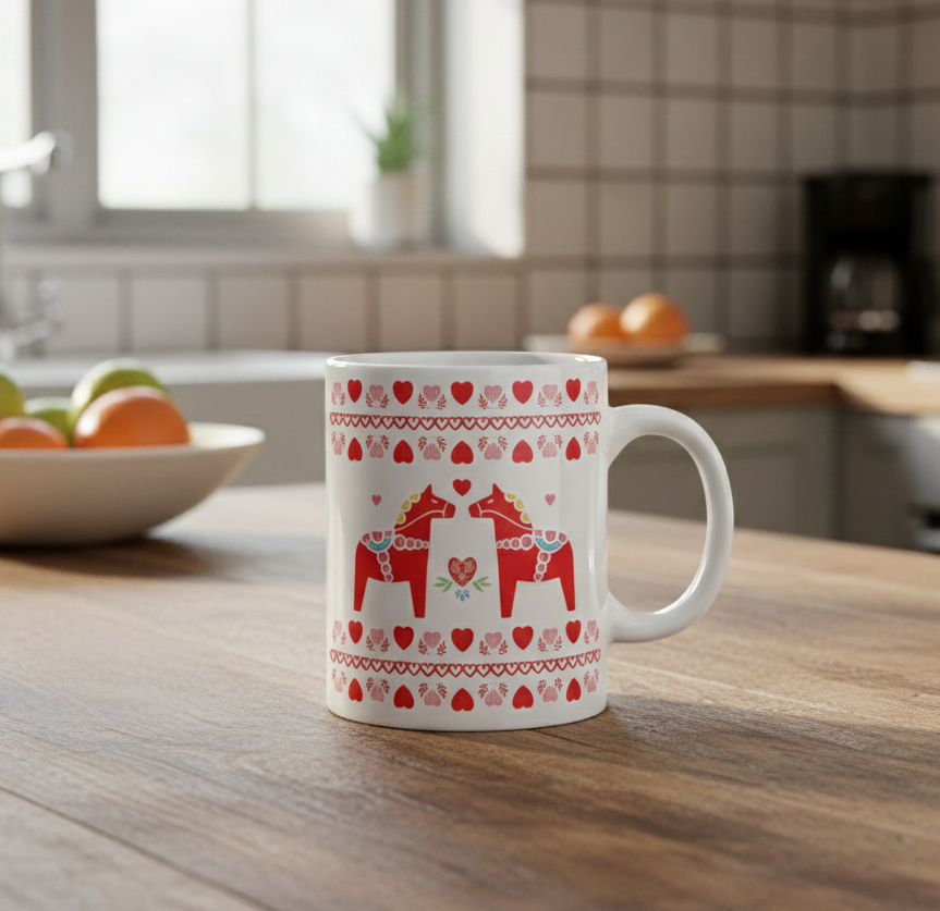 The Coffee Mug: Dala Love Coffee Mug (11oz) features a white ceramic body with red horse and heart patterns, placed on a wooden kitchen counter with fruit bowl and tiled backsplash—a charming Scandinavian mug for cozy mornings.
