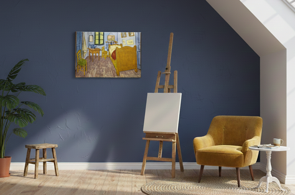 A cozy blue-walled room features a yellow armchair, wooden stool, easel with blank canvas, potted plant, and an Artwork: Bedroom in Arles Vincent Van Gogh 1853 - 1890 Print on Canvas celebrating Post-Impressionist art.