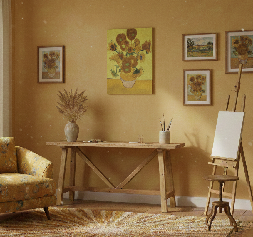 A cozy art studio with yellow walls, a wooden table, an easel, dried flowers in a vase, and framed "Sunflowers Vincent Van Gogh 1853 - 1890 Print on Canvas" artwork on the wall.