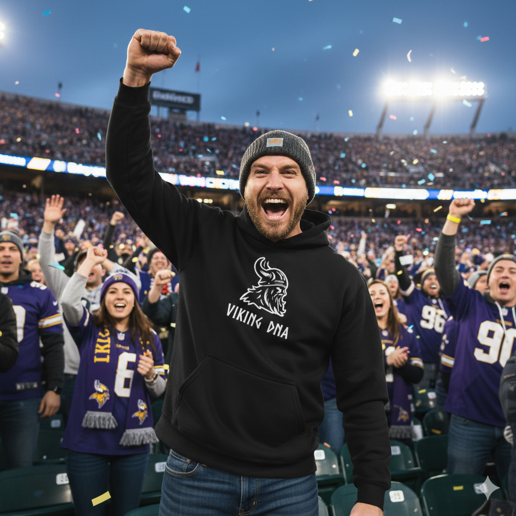 A man in a black "Nordic Viking DNA Heritage" hoodie cheers with fellow fans in purple jerseys at a football stadium, all enthusiastically celebrating their Nordic roots.