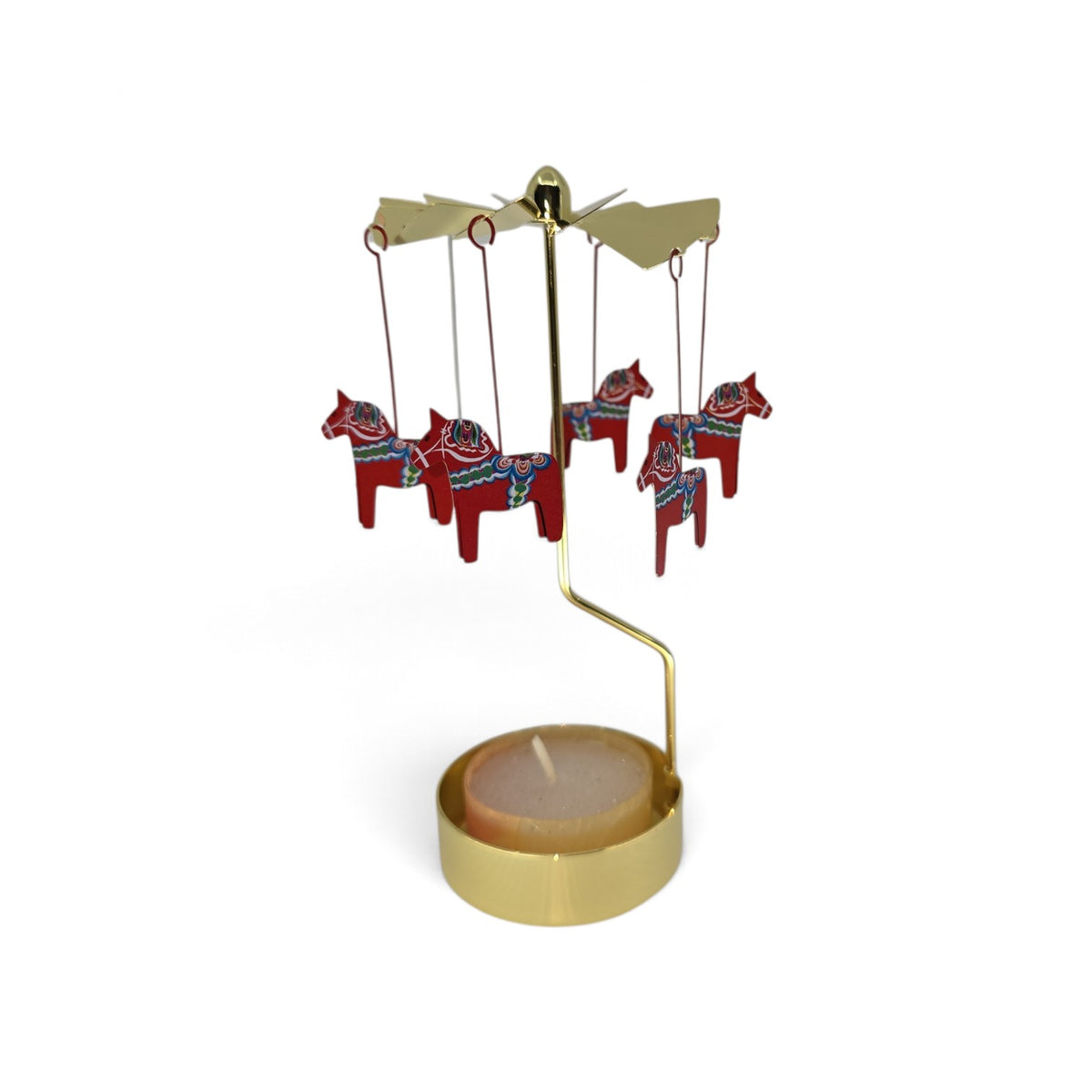 Gold-tone metal Dala horse candle holder with hanging red ornaments featuring blue and green rosemaling patterns that rotate when lit.
