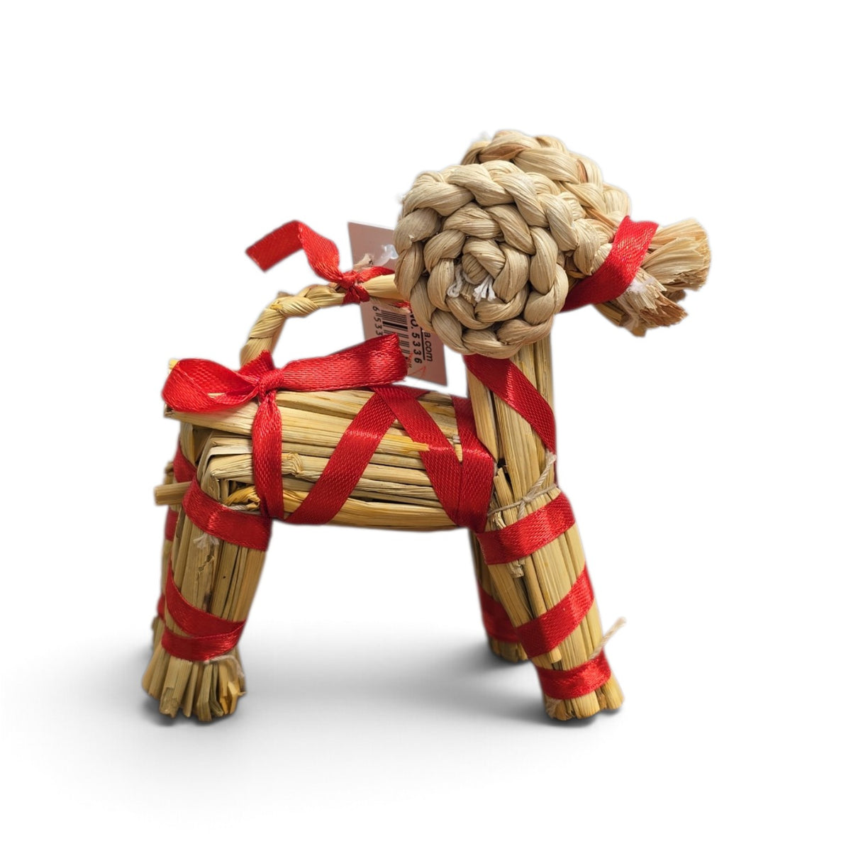 Straw Dala horse ornament with red ribbon bows.