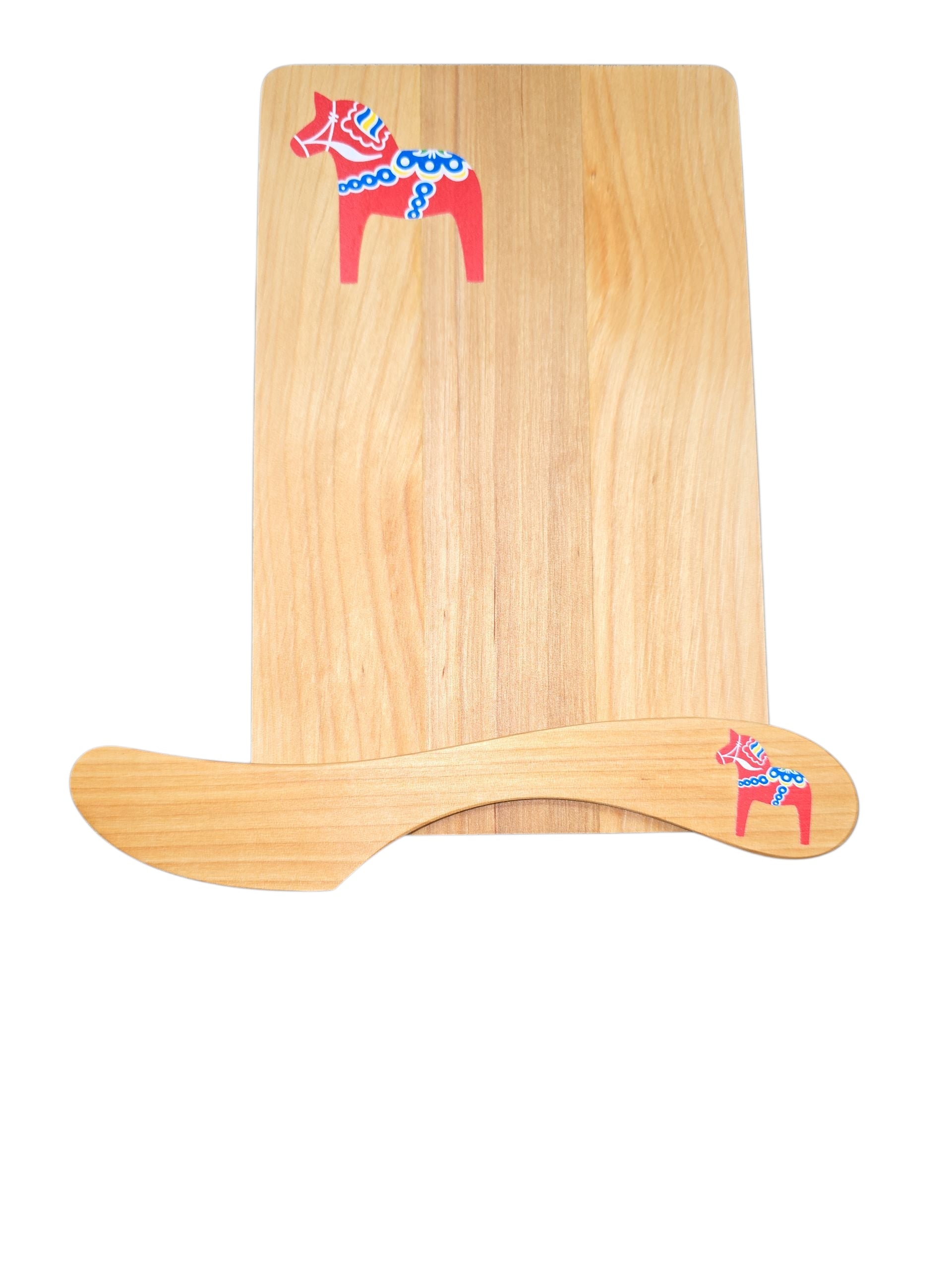 The Board & Spreader: Red Dala Horse Alder Sandwich Board and Spreader features eco-friendly wood, each piece adorned with a red Swedish Dala Horse with blue and white accents, shown on a white background.