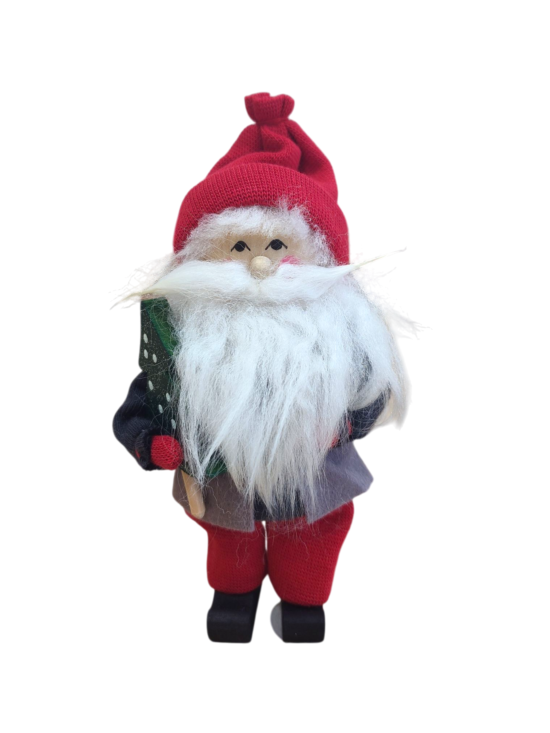 The Figurine: Santa with Glittering Tree is a handcrafted Swedish Santa with a red hat, bushy white beard, and red pants, holding a glittering green tree, set against a white background.