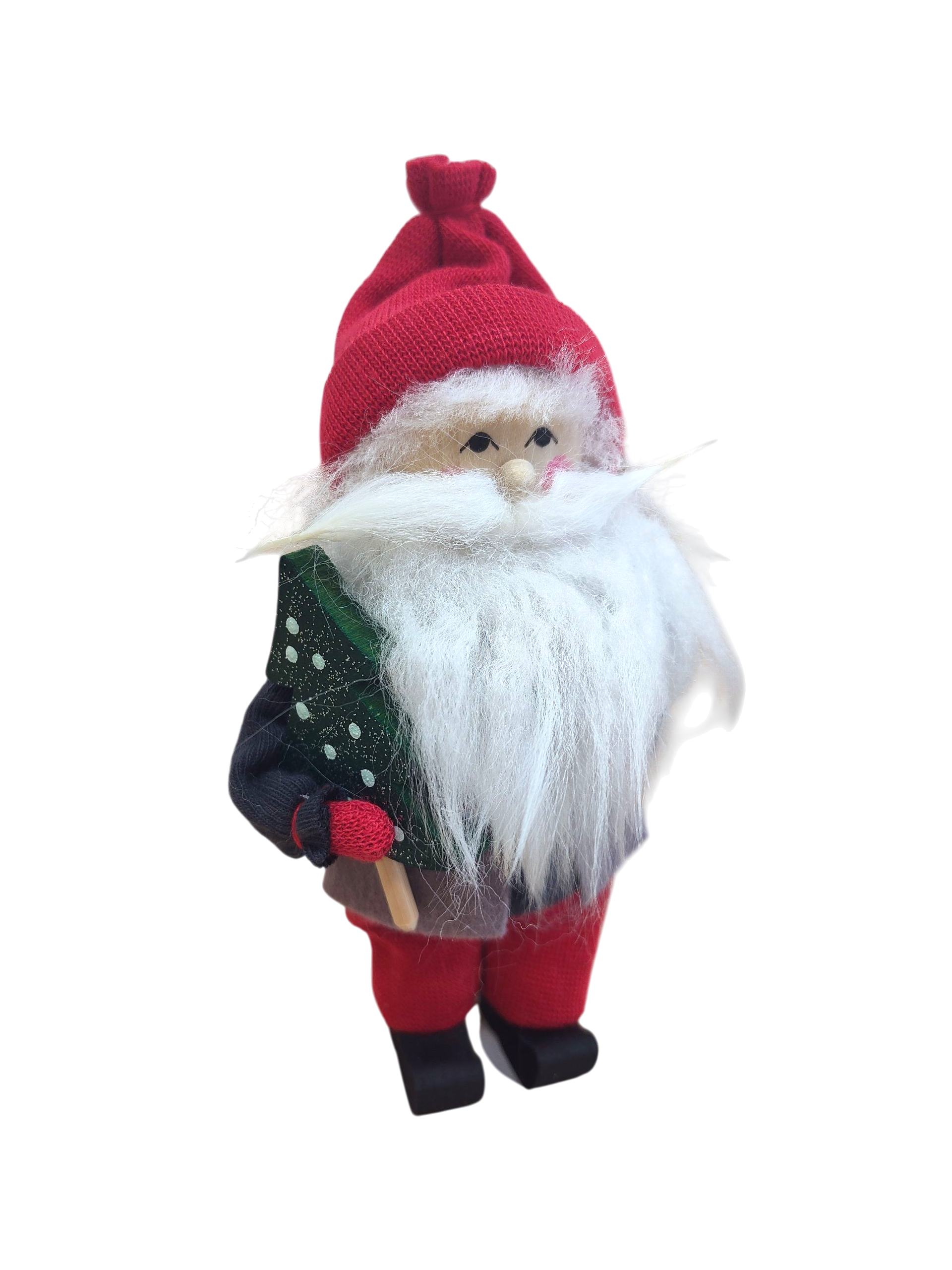 The Figurine: Santa with Glittering Tree features a handcrafted Swedish Santa in a red hat and suit with a white beard, holding a sparkling green Christmas tree—an ideal festive decoration, shown on a white background.