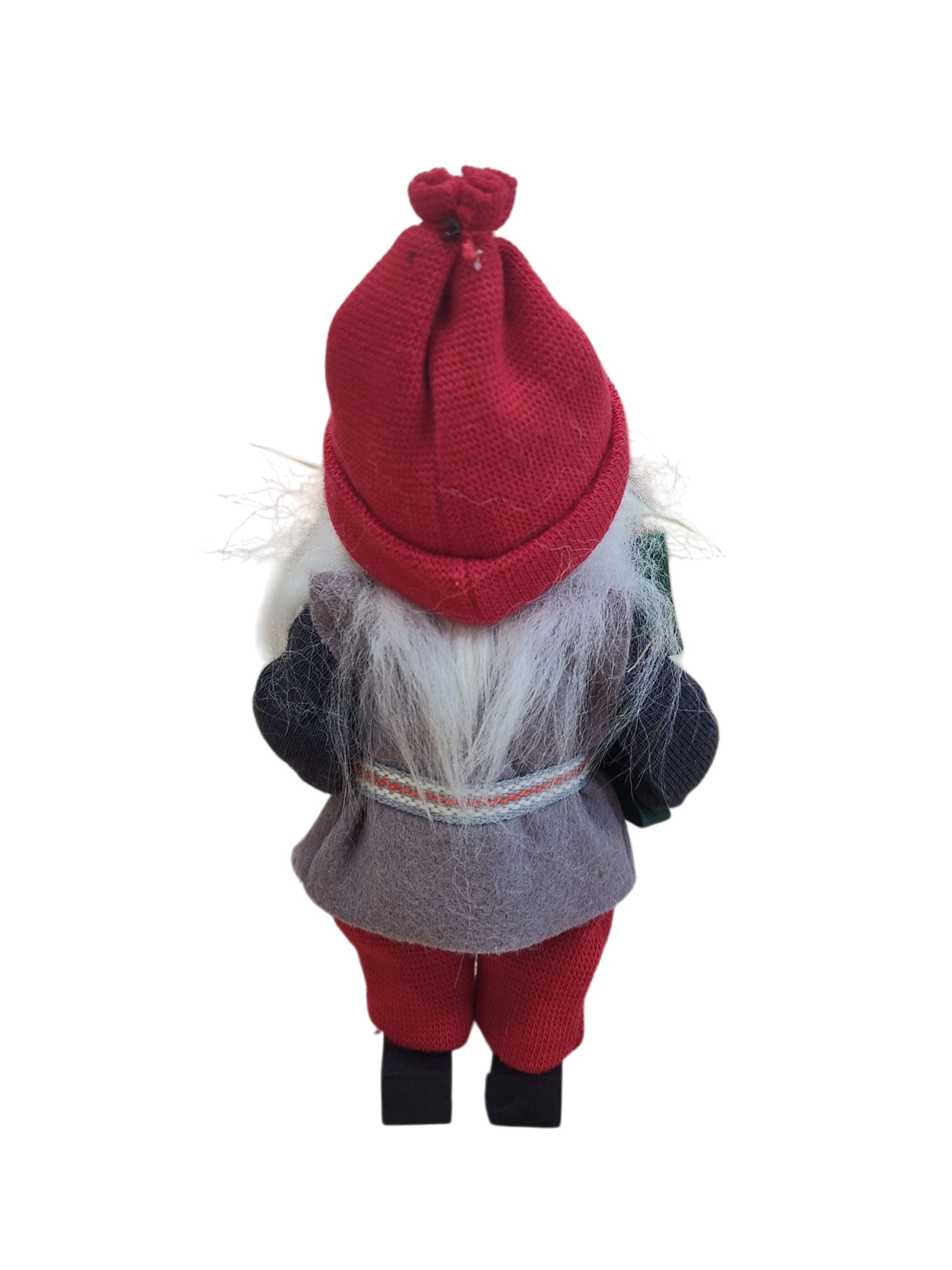 The "Figurine: Santa with Glittering Tree" features a Swedish-inspired Santa doll with white hair, red hat, gray vest, black shirt, and red pants—seen from the back against a white background. Makes a unique Christmas tree decoration.