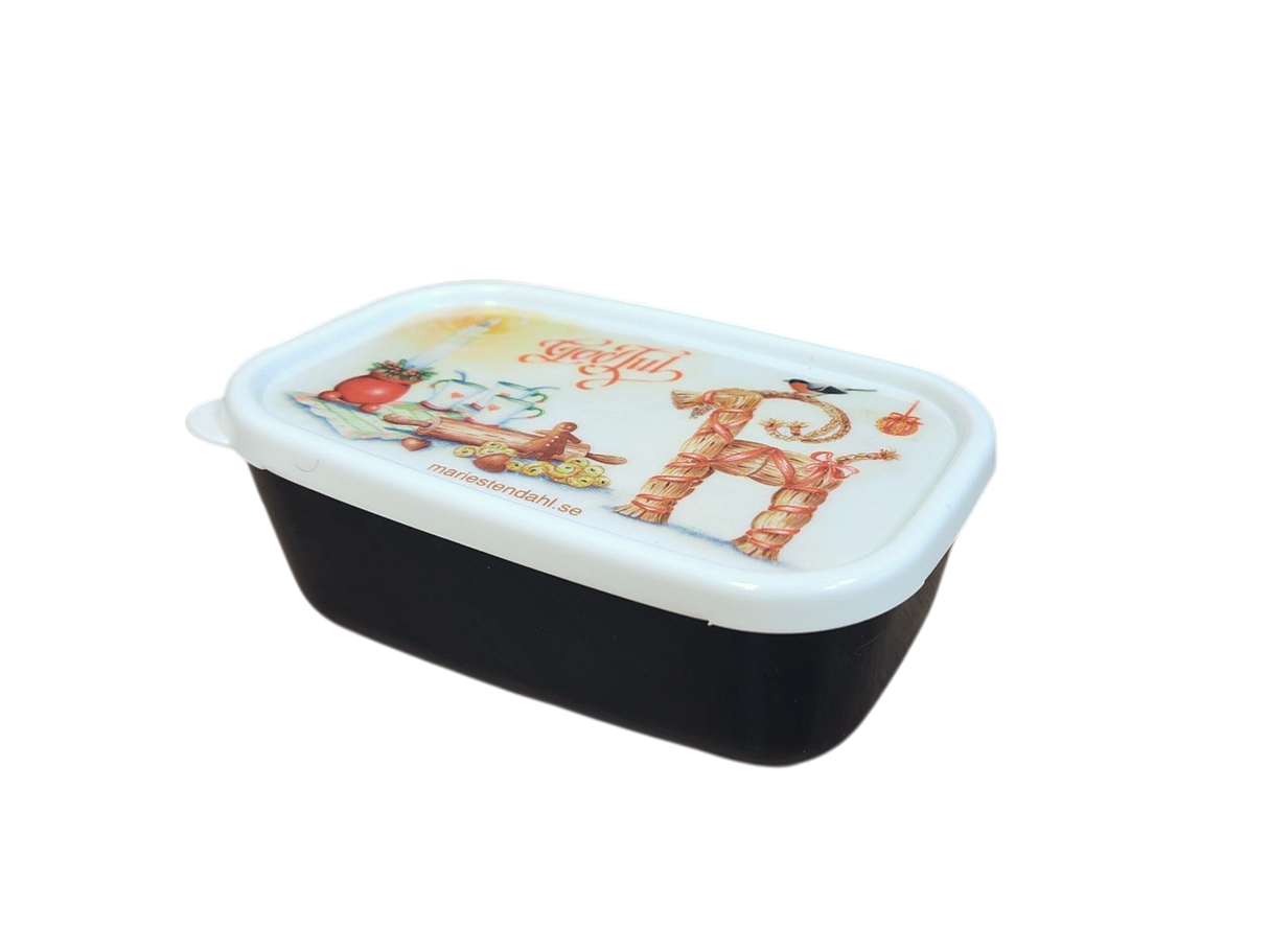 The Mini Christmas Box Container features Marie Stendahl designs on a black plastic body with a white illustrated lid—perfect for adding festive Swedish décor to your home.