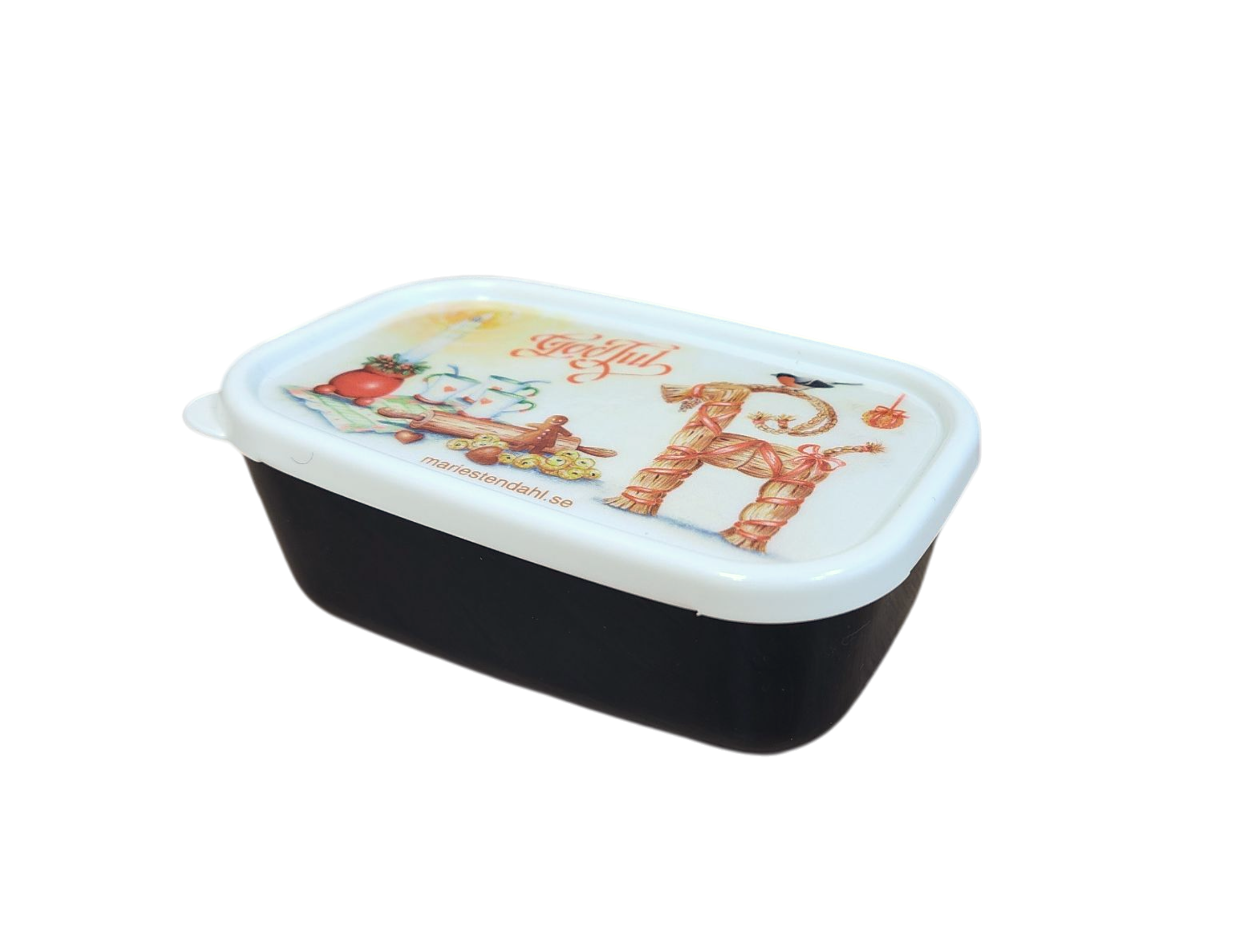 The Mini Christmas Box Container features Marie Stendahl designs on a black plastic body with a white illustrated lid—perfect for adding festive Swedish décor to your home.